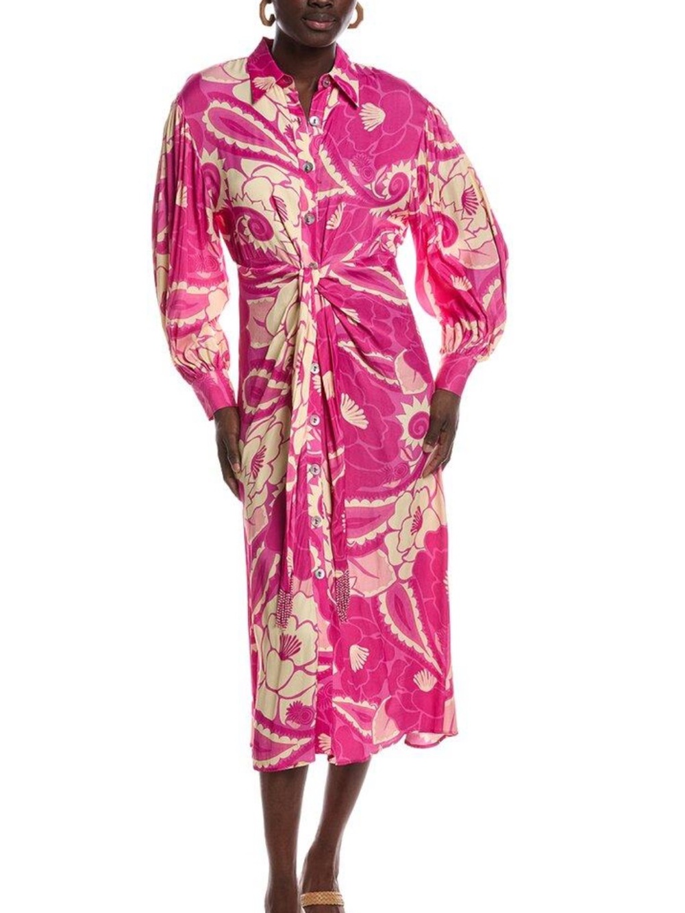 Pink Floral Tie-Front Midi Dress farm Rio